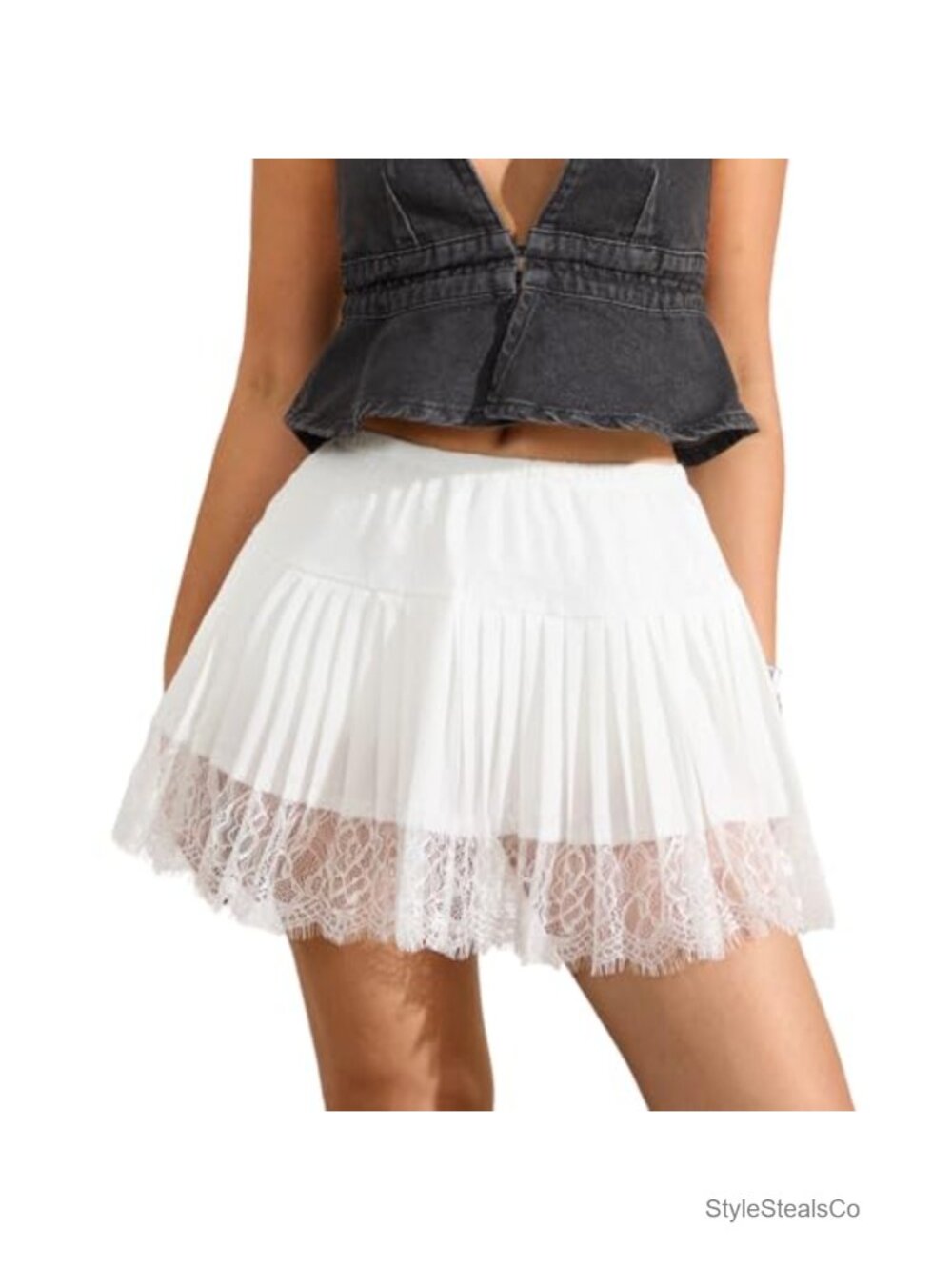 Women's Y2K Lace Ruffle Pleated Mini Skirt Elastic Low Rise Floral Mesh Fairy